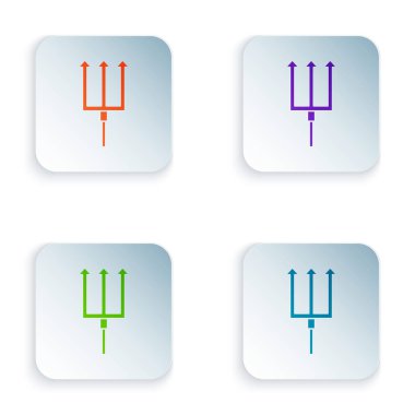 Beyaz arkaplanda renk Neptün Trident simgesi izole edildi. Renkli kare düğmelere simgeleri yerleştir. Vektör İllüstrasyonu