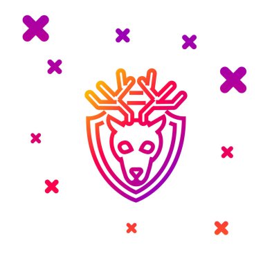 Beyaz arka planda izole edilmiş boynuzlu geyik kafası. Duvarda av kupası. Kademeli rastgele dinamik şekiller. Vektör İllüstrasyonu