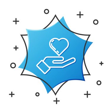 Beyaz çizgi üzerinde beyaz çizgili kalp beyaz arkaplanda izole edilmiş. El çabukluğu aşk sembolü. Mavi altıgen düğmesi. Vektör İllüstrasyonu