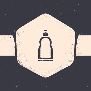 Grunge Plastik şişesi sıvı çamaşır deterjanı, çamaşır suyu, bulaşık deterjanı ya da gri arka planda izole edilmiş başka bir temizlik maddesi. Tek renkli klasik çizim. Vektör İllüstrasyonu