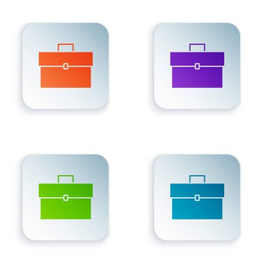 Beyaz arka planda izole renkli evrak çantası simgesi. İş davası işareti. İş portföyü. Renkli kare düğmeleri simgeleri ayarlayın. Vektör Illustration