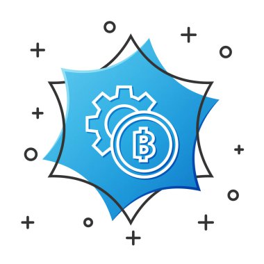 Beyaz çizgi kripto para birimi Bitcoin simgesi beyaz arka planda izole edildi. Vites ve Bitcoin ayarı. Engelleme zinciri tabanlı şifreli para birimi. Mavi altıgen düğmesi. Vektör İllüstrasyonu