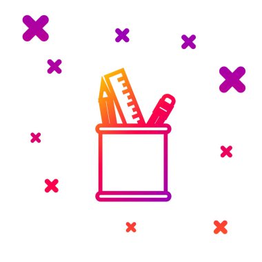 Beyaz arkaplanda izole edilmiş renkli kalem kutusu kırtasiyesi simgesi. Kalem, kalem, cetvel. Kademeli rastgele dinamik şekiller. Vektör İllüstrasyonu