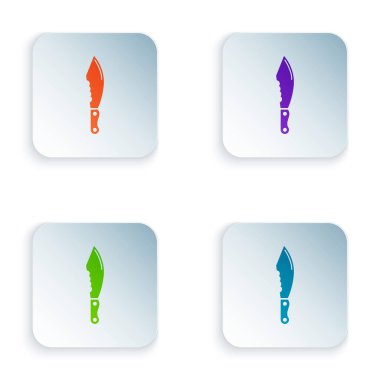 Beyaz arka planda izole edilmiş renkli askeri bıçak ikonu. Renkli kare düğmelere simgeleri yerleştir. Vektör İllüstrasyonu