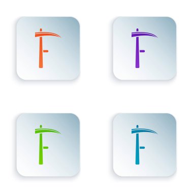 Beyaz arkaplanda izole edilmiş renkli Scythe simgesi. Mutlu Cadılar Bayramı Partisi. Renkli kare düğmelere simgeleri yerleştir. Vektör İllüstrasyonu