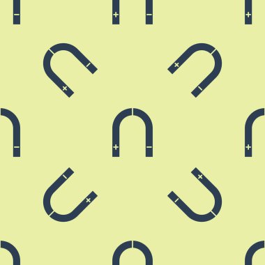 Mavi Mıknatıs simgesi sarı arkaplandaki kusursuz deseni izole etti. At nalı mıknatısı, manyetizma, manyetizma, çekim. Vektör İllüstrasyonu