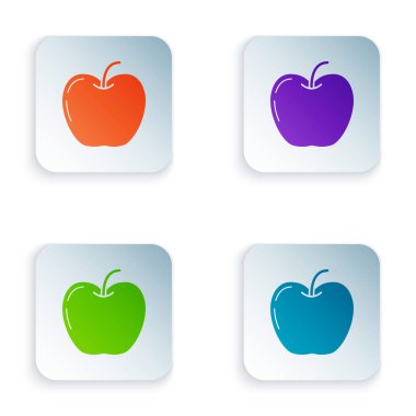 Beyaz arka planda izole renkli Apple simgesi. Yaprak sembollü meyve. Renkli kare düğmeleri simgeleri ayarlayın. Vektör Illustration