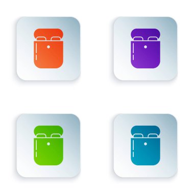 Renkli Hava kulaklıkları beyaz arkaplanda izole edilmiş kutu simgesinde. Kulaklıklar için kablosuz cihaz. Elektronik cihazlar. Renkli kare düğmelere simgeleri yerleştir. Vektör İllüstrasyonu