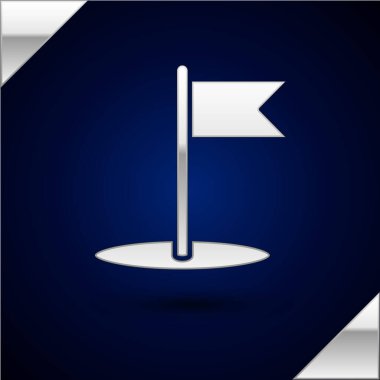 Gümüş Bayrak simgesi koyu mavi arkaplanda izole edildi. Yer belirleyici sembol. Vektör İllüstrasyonu