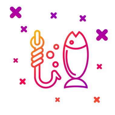 Beyaz arkaplanda renk çizgisi balıkçılık simgesi izole edildi. Balık ve kanca. Strateji konsepti. Yem işareti. Kademeli rastgele dinamik şekiller. Vektör İllüstrasyonu