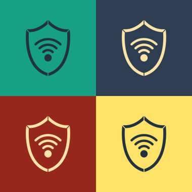Kablosuz kablosuz internet ağ simgesine sahip renk kalkanı renk arkaplanında izole edilmiş. Güvenlik konsepti. Klasik tarzda çizim. Vektör İllüstrasyonu