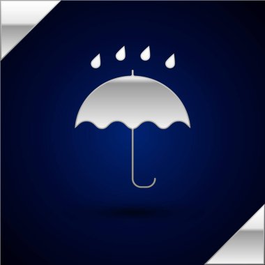 Gümüş Şemsiye ve yağmur damlaları ikonu koyu mavi arka planda izole edilmiş. Su geçirmez ikon. Koruma, güvenlik, güvenlik kavramı. Suya dayanıklı sembol. Vektör İllüstrasyonu