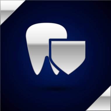 Koyu mavi arka planda izole edilmiş gümüş dişli. Diş sigortası. Güvenlik, güvenlik, koruma, konsept koruma. Vektör İllüstrasyonu