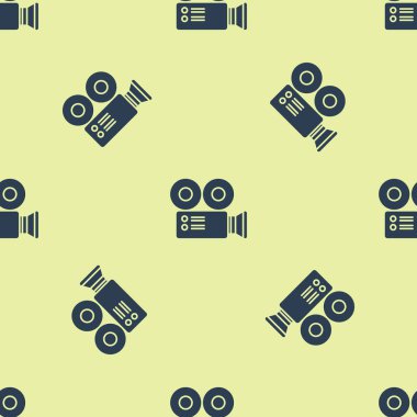 Mavi Sinema kamera ikonu sarı arkaplanda kusursuz desen izole etti. Video kamera. Film tabelası. Film projektörü. Vektör İllüstrasyonu