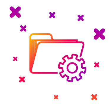 Beyaz arkaplanda izole edilmiş vites simgesi içeren renk çizgisi dizini ayarları. Yazılım güncellemesi, transfer protokolü, takım çalışması araç yönetimi. Kademeli rastgele dinamik şekiller. Vektör İllüstrasyonu