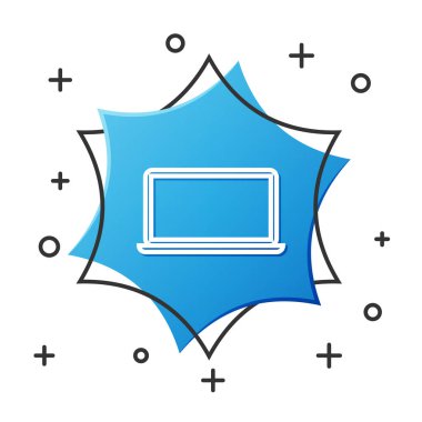 Beyaz çizgi dizüstü bilgisayar simgesi beyaz arkaplanda izole edildi. Boş ekran işaretli bilgisayar defteri. Mavi altıgen düğmesi. Vektör İllüstrasyonu