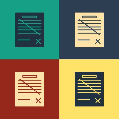 Renk Arka planda yalıtılmış dosya belge simgesini sil. Reddedilen belge simgesi. Kağıt üzerinde çapraz. Vintage tarzı çizim. Vektör İllüstrasyonu