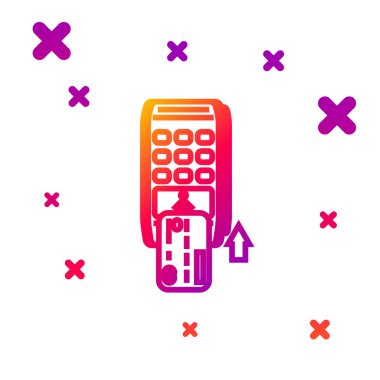 Beyaz arkaplanda izole edilmiş eklenmiş kredi kartı simgesine sahip renkli Pos terminali. Ödeme terminali işlemi. Kartla öde. Kademeli rastgele dinamik şekiller. Vektör İllüstrasyonu