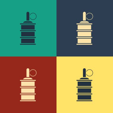 Renkli el bombası ikonu renk arkaplanında izole edildi. Bomba patlaması. Klasik tarzda çizim. Vektör İllüstrasyonu