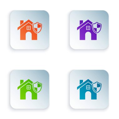 Beyaz arkaplanda izole edilmiş kalkan simgesine sahip Renk Evi. Sigorta konsepti. Güvenlik, güvenlik, koruma, konsept koruma. Renkli kare düğmelere simgeleri yerleştir. Vektör İllüstrasyonu