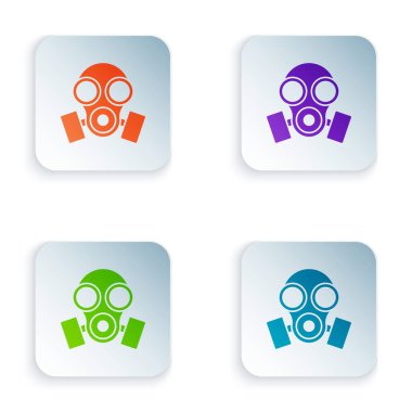 Beyaz arkaplanda izole edilmiş renk gazı maskesi simgesi. Solunum cihazı işareti. Renkli kare düğmelere simgeleri yerleştir. Vektör İllüstrasyonu