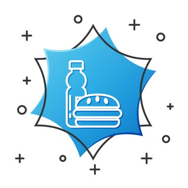 Beyaz çizgili bir şişe su ve hamburger ikonu beyaz arka planda izole edilmiş. Soda su içme tabelası. Hamburger, çizburger sandviçi. Fast food menüsü. Mavi altıgen düğmesi. Vektör İllüstrasyonu