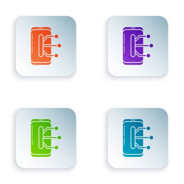 Renkli Smartphone, beyaz arka planda izole cep telefonu simgesi. Renkli kare düğmeleri simgeleri ayarlayın. Vektör Illustration