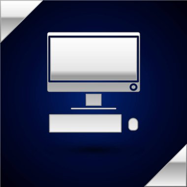 Koyu mavi arka planda yalıtılmış klavye ve fare simgesine sahip Gümüş Bilgisayar monitörü. Pc bileşen işareti. Vektör İllüstrasyonu