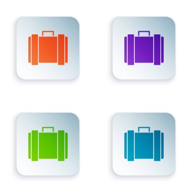 Beyaz arka planda izole edilmiş mermi ikonu olan renkli askeri mühimmat kutusu. Renkli kare düğmelere simgeleri yerleştir. Vektör İllüstrasyonu