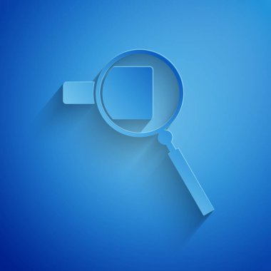 Kağıt kesiği büyüteç simgesi mavi arkaplanda izole edilmiş. Arama, odaklanma, yakınlaştırma, iş sembolü. Kağıt sanatı tarzı. Vektör İllüstrasyonu