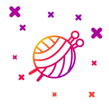 Beyaz arkaplanda izole edilmiş örgü iğneli renkli iplik topu. El yapımı, örgü ya da terzi için etiket. Kademeli rastgele dinamik şekiller. Vektör İllüstrasyonu