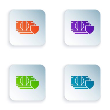 Beyaz arkaplanda kalkan simgesi olan renk parası. Sigorta konsepti. Güvenlik, güvenlik, koruma, konsept koruma. Renkli kare düğmelere simgeleri yerleştir. Vektör İllüstrasyonu