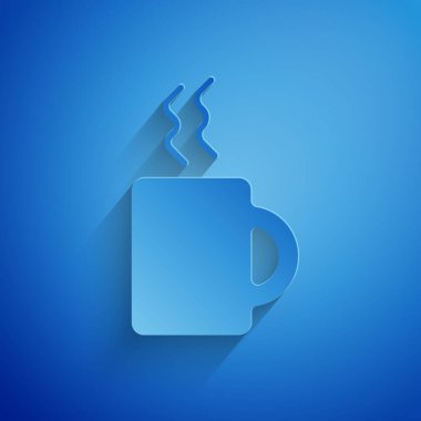 Kağıt kesiği kahve fincanı simgesi mavi arka planda izole edilmiş. Çay fincanı. Sıcak içecek kahvesi. Kağıt sanatı tarzı. Vektör İllüstrasyonu
