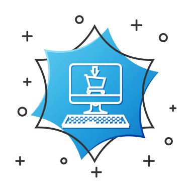 Ekran bilgisayarındaki beyaz çizgi alışveriş arabası beyaz arkaplanda izole edilmiş. Konsept e-ticaret, e-ticaret, online iş pazarlama. Mavi altıgen düğmesi. Vektör İllüstrasyonu