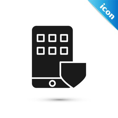 Beyaz zemin üzerinde kalkan simgesi olan siyah cep telefonu. Akıllı telefon sigortası. Güvenlik, güvenlik, koruma, konsept koruma. Vektör İllüstrasyonu