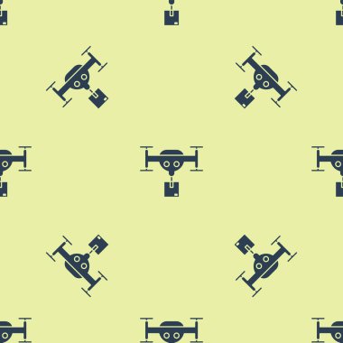 Paket simgesine sahip mavi dağıtım aracı sarı arka planda kusursuz desen izole etti. Drone karton kutu teslim ediyor. Vektör İllüstrasyonu