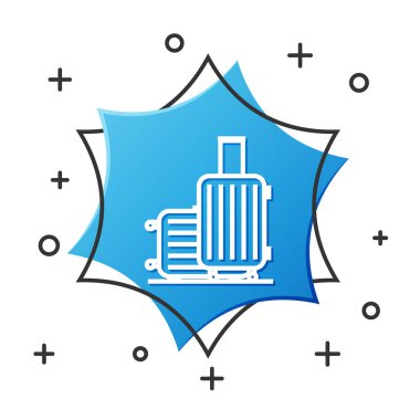 Seyahat simgesi için beyaz bavul beyaz arkaplanda izole edildi. Seyahat bagaj tabelası. Seyahat bagaj ikonu. Mavi altıgen düğmesi. Vektör İllüstrasyonu