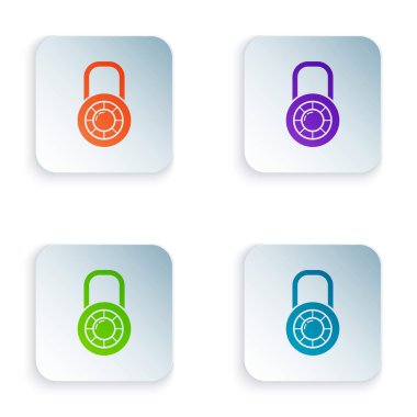 Renkli güvenli kilit tekeri simgesi beyaz arkaplanda izole edildi. Kombinasyon asma kilit. Güvenlik, güvenlik, koruma, şifre, gizlilik. Renkli kare düğmelere simgeleri yerleştir. Vektör İllüstrasyonu