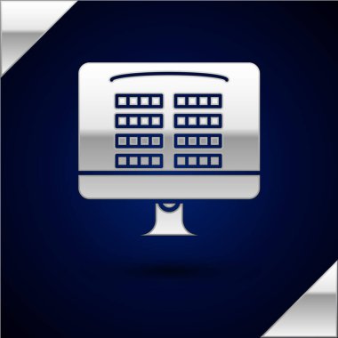 Silver Buy sinema bileti ikonu koyu mavi arka planda izole edilmiş. Hizmet kavramı. Vektör İllüstrasyonu