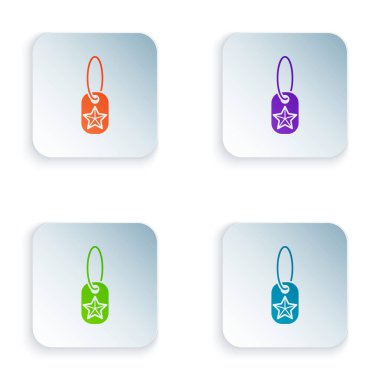 Beyaz arka planda izole edilmiş renkli askeri künye simgesi. Kimlik etiketi simgesi. Ordu işareti. Renkli kare düğmelere simgeleri yerleştir. Vektör İllüstrasyonu