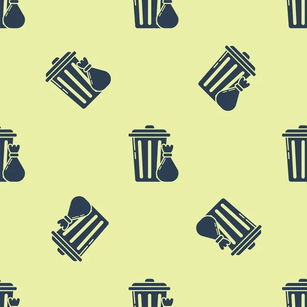 Blue Trash can and garbage bag icon isolated seamless pattern on yellow background. Garbage bin sign. Recycle basket icon. Office trash icon. Vector Illustration