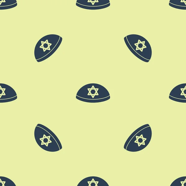 Blue Jewish kippah with star of david icon isolated seamless pattern on yellow background. Jewish yarmulke hat. Vector Illustration — 스톡 벡터