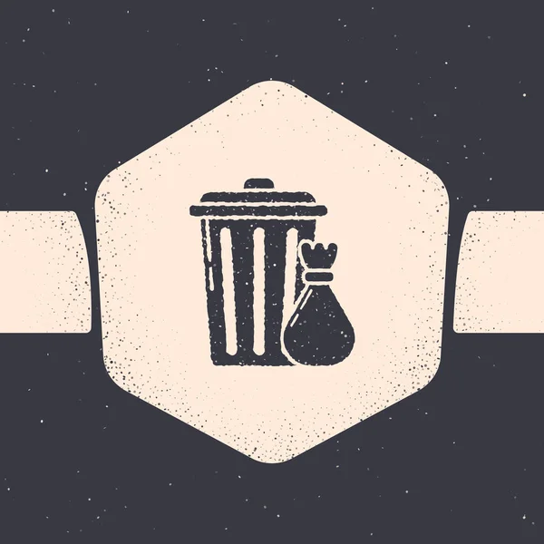 Грандж смітник і значок мішка для сміття ізольовані на сірому фоні. Знак сміття. Піктограма кошика для переробки. Піктограма офісного сміття. Монохромний вінтажний малюнок. Векторна ілюстрація — стоковий вектор