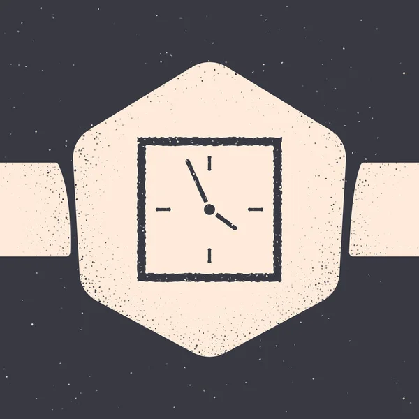 Icône Grunge Clock isolée sur fond gris. Symbole temporel. Dessin vintage monochrome. Illustration vectorielle — Image vectorielle