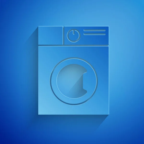 Paper cut Washer icon isolated on blue background. Washing machine icon. Clothes washer - laundry machine. Home appliance symbol. Paper art style. Vector Illustration — Stock Vector