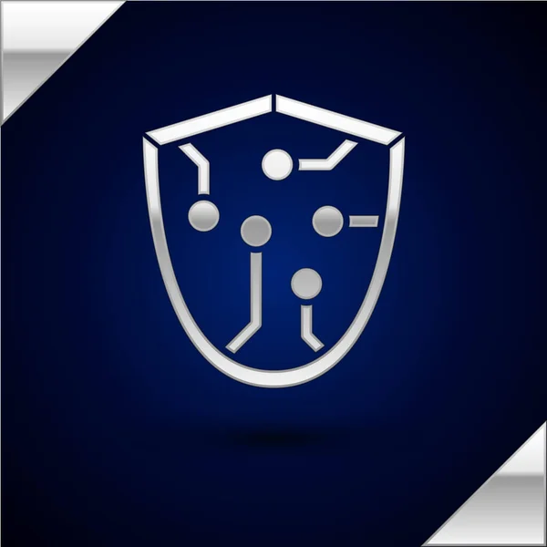 Icono de seguridad cibernética de plata aislado sobre fondo azul oscuro. Señal de escudo. Concepto de seguridad. Protección de datos digital. Ilustración vectorial — Vector de stock