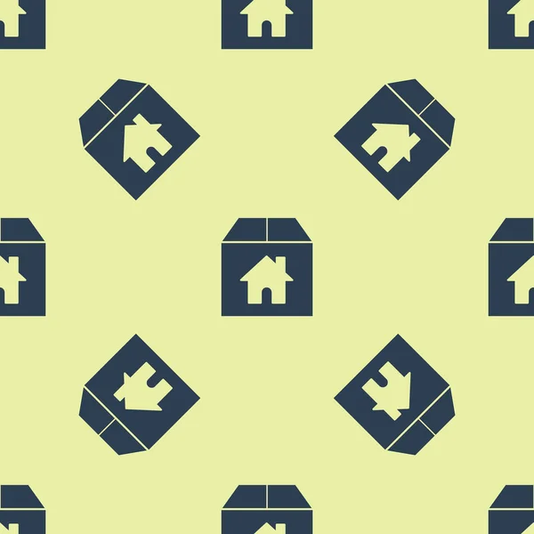 Boîte en carton bleu avec icône de symbole de la maison motif isolé sans couture sur fond jaune. Boîte, paquet, panneau de colis. Livraison, transport et expédition. Illustration vectorielle — Image vectorielle