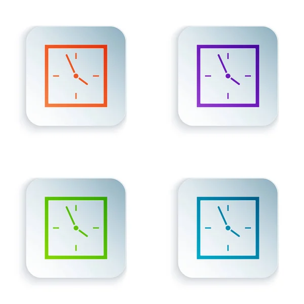 흰색 배경에 격리 된 색상 시계 아이콘입니다. 시간 기호입니다. 다채로운 사각형 버튼에 아이콘을 설정합니다. 벡터 일러스트레이션 — 스톡 벡터