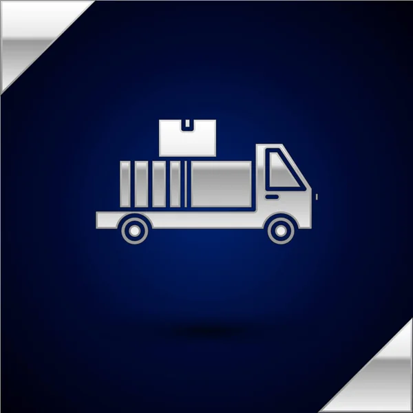 Серебряный грузовик доставки с картонными коробками за значком изолированы на темно-синем фоне. Векторная миграция — стоковый вектор