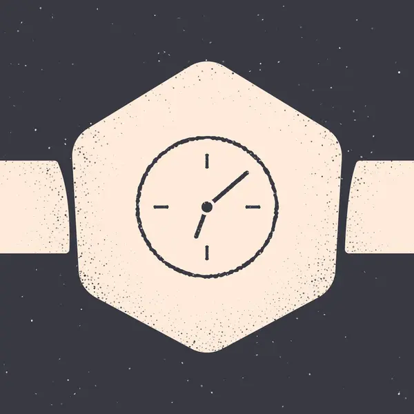 Grunge Clock ikona je izolovaná na šedém pozadí. Symbol času. Monochromatický výkres. Vektorová ilustrace — Stockový vektor
